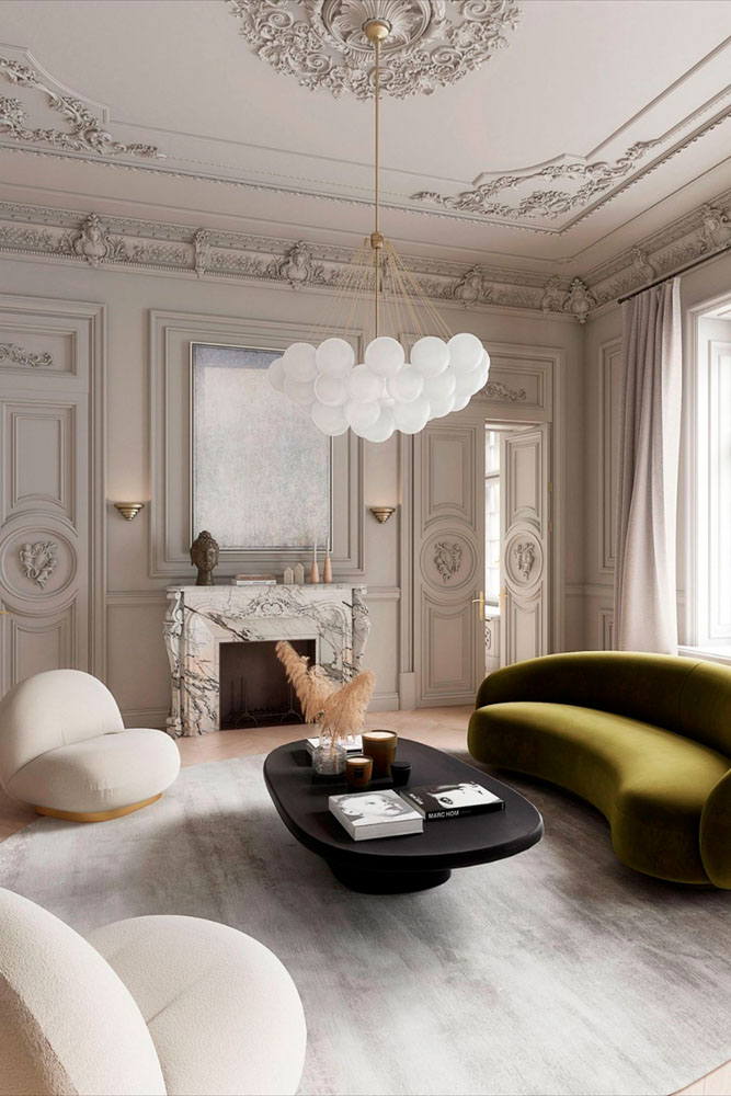 新古典裝潢設計風格客廳沙發壁爐吊燈天花板