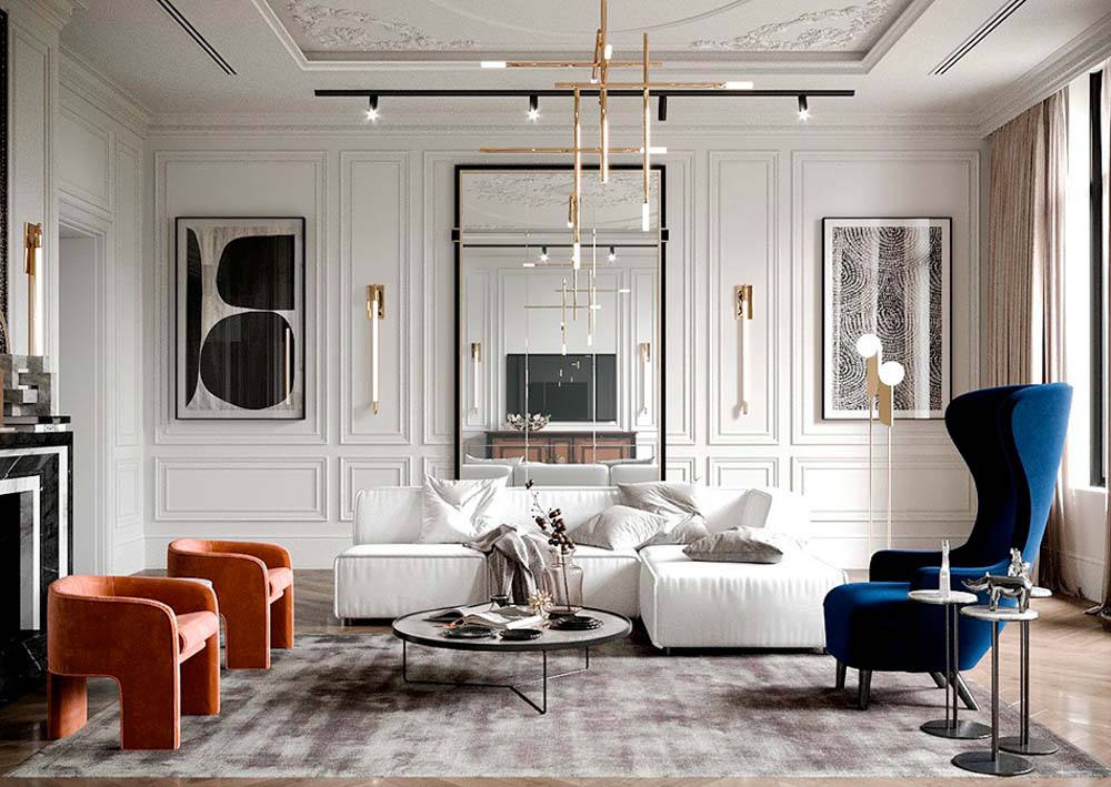 新古典裝潢設計風格客廳線板吊燈沙發