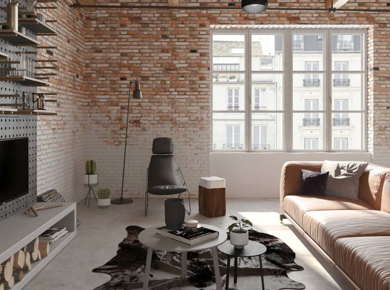 工業風裝潢設計元素客廳牆壁配色格子窗落地燈立燈沙發