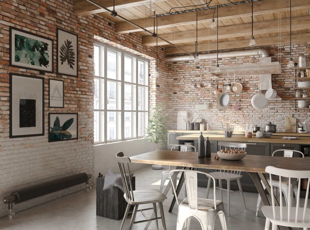 工業風裝潢設計元素餐廳廚房牆壁配色格子窗相框