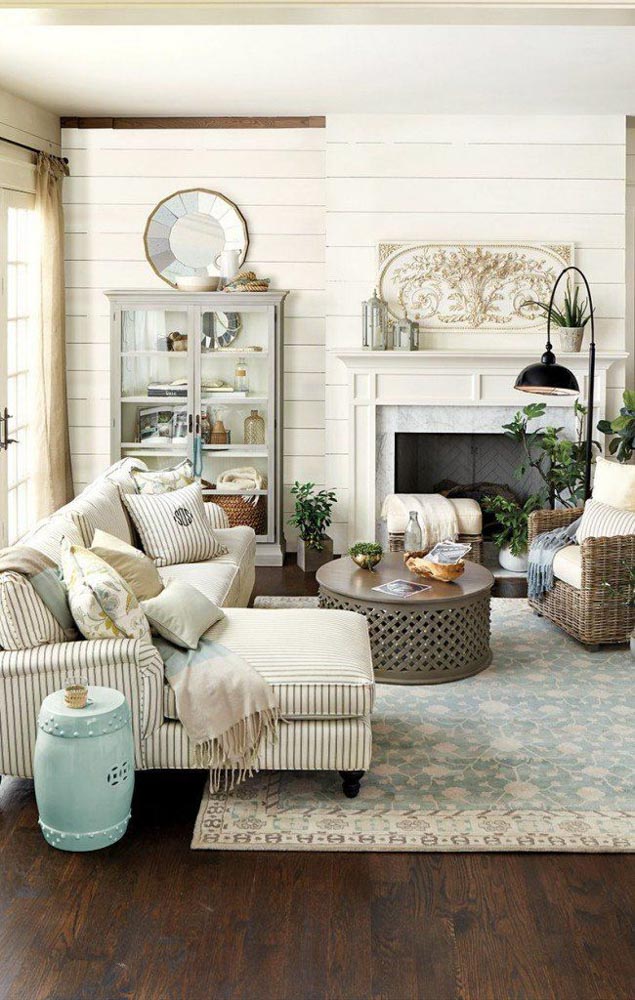 美式風格裝潢設計客廳壁爐沙發椅植栽收納櫃展示架