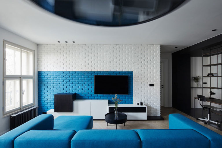 客廳電視牆裝潢設計作品範例文化石沙發天花板藍色白色