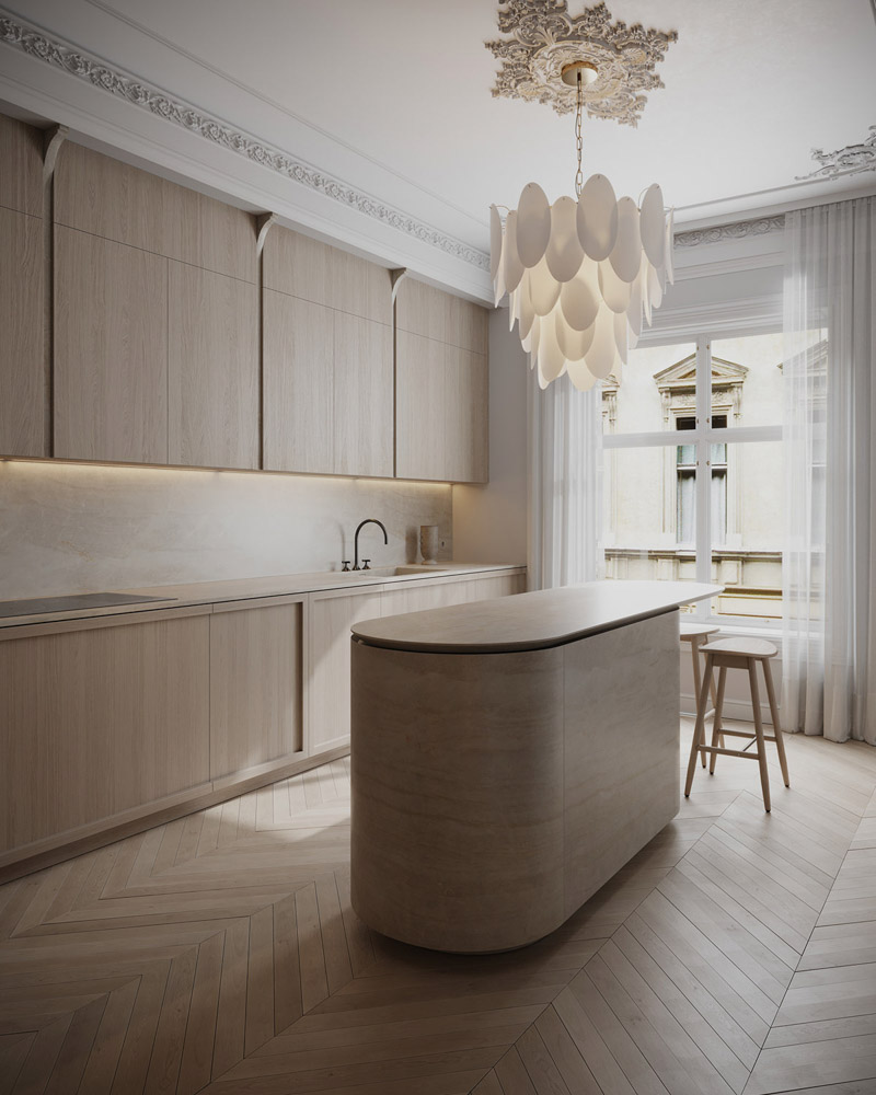 古典風格豪宅室內設計裝潢廚房中島吧檯魚骨拼木地板