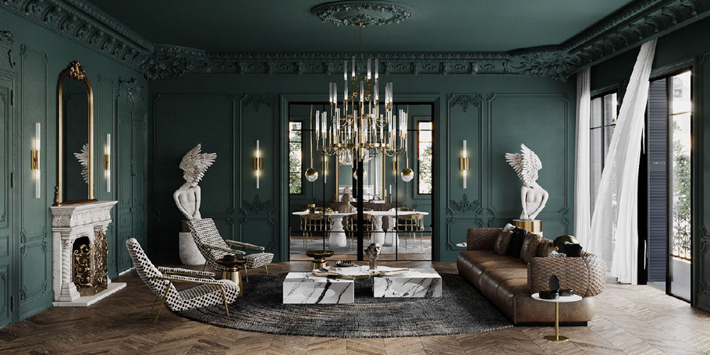 古典風格豪宅室內設計裝潢客廳牆壁油漆顏色吊燈壁爐