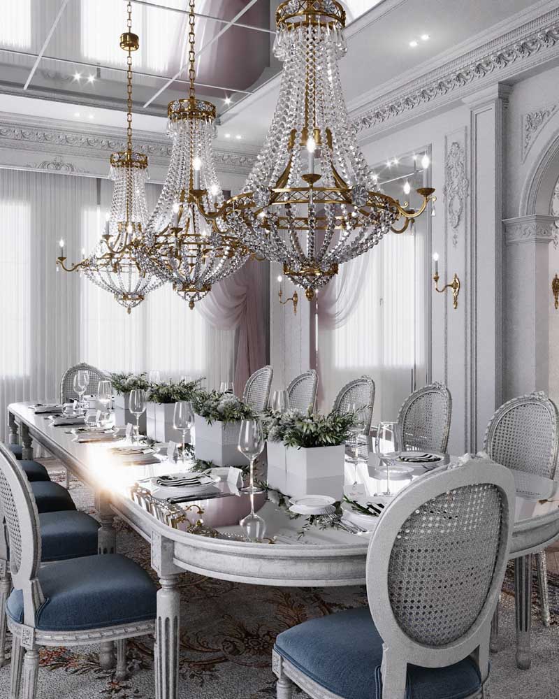 古典風格豪宅室內設計裝潢餐廳水晶吊燈天花板