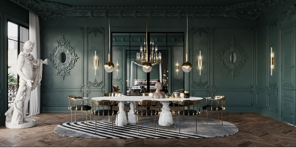 古典風格豪宅室內設計裝潢餐廳吊燈地毯餐椅