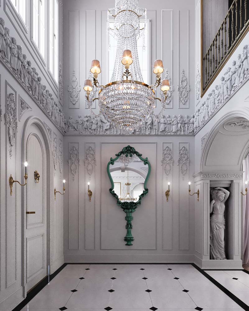 古典風格豪宅室內設計裝潢玄關水晶吊燈鏡子