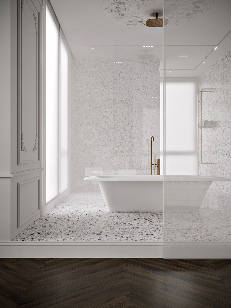 古典風格豪宅室內設計裝潢浴室水磨石磁磚浴缸黃銅色水龍頭