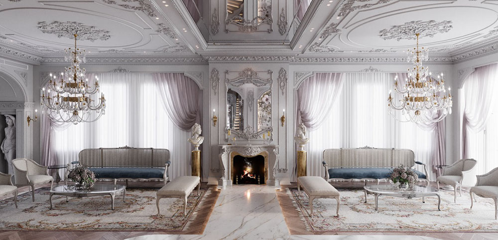 古典風格豪宅室內設計裝潢客廳天花板水晶吊燈沙發壁爐