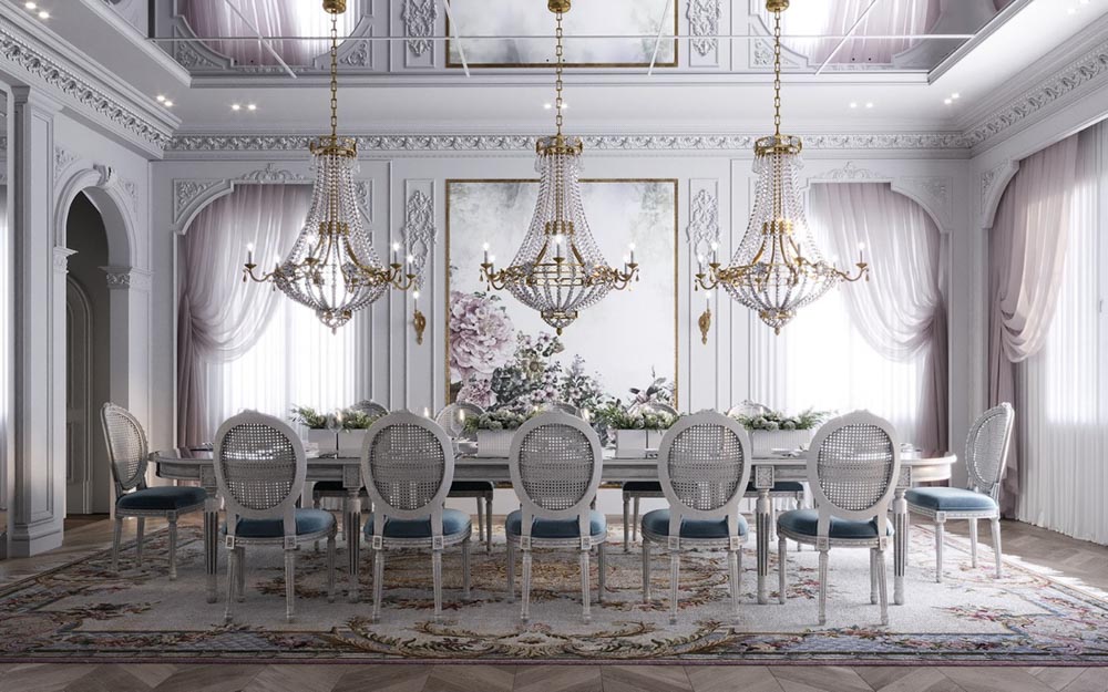 古典風格豪宅室內設計裝潢餐廳天花板水晶吊燈餐桌
