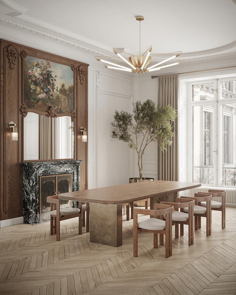 古典風格豪宅室內設計裝潢餐廳牆壁油漆顏色魚骨拼木地板