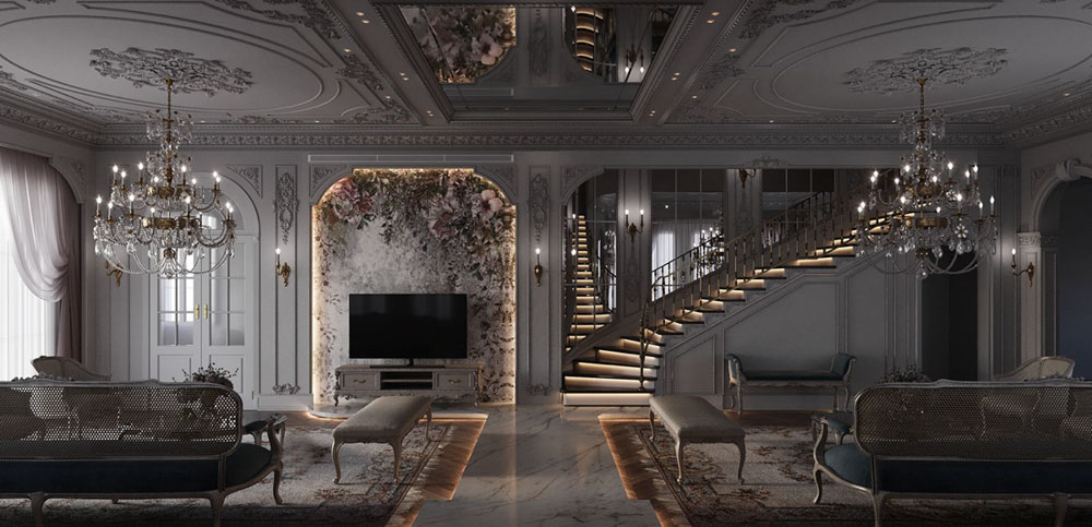 古典風格豪宅室內設計裝潢客廳電視牆水晶吊燈照明樓梯