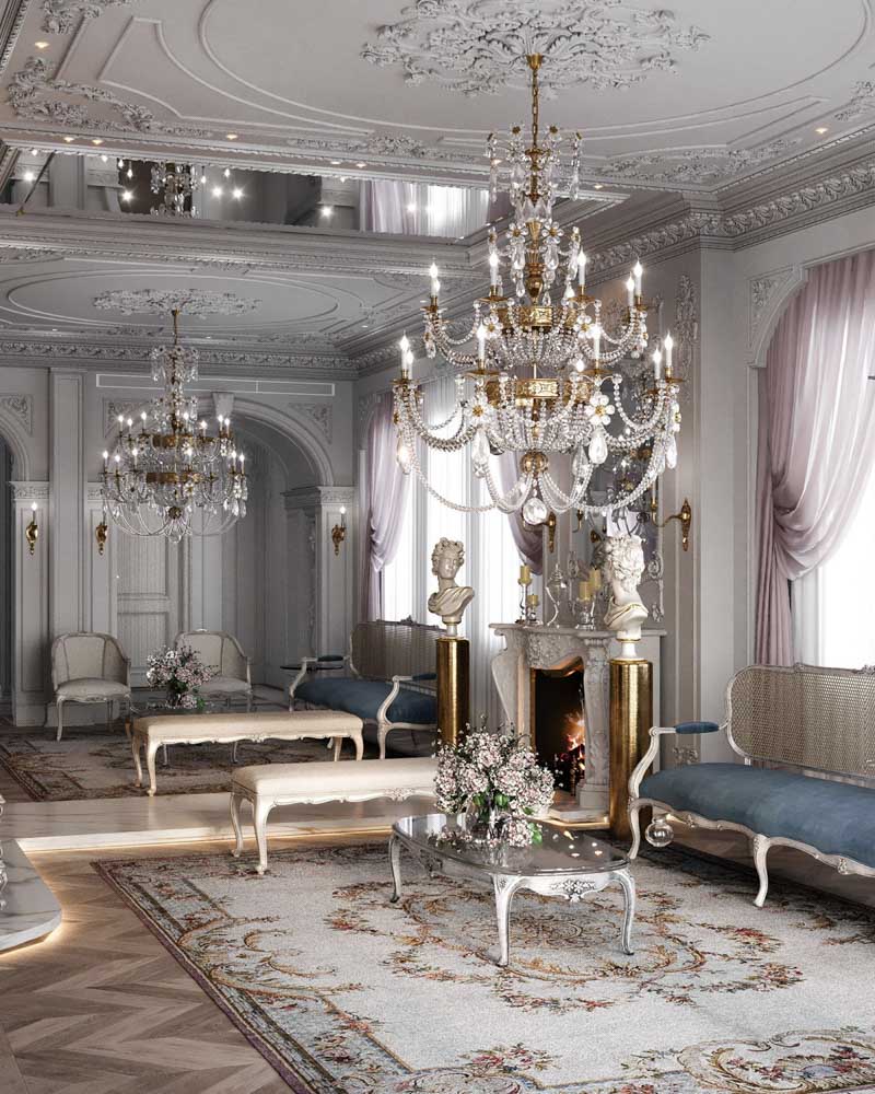 古典風格豪宅室內設計裝潢客廳水晶吊燈壁爐地毯