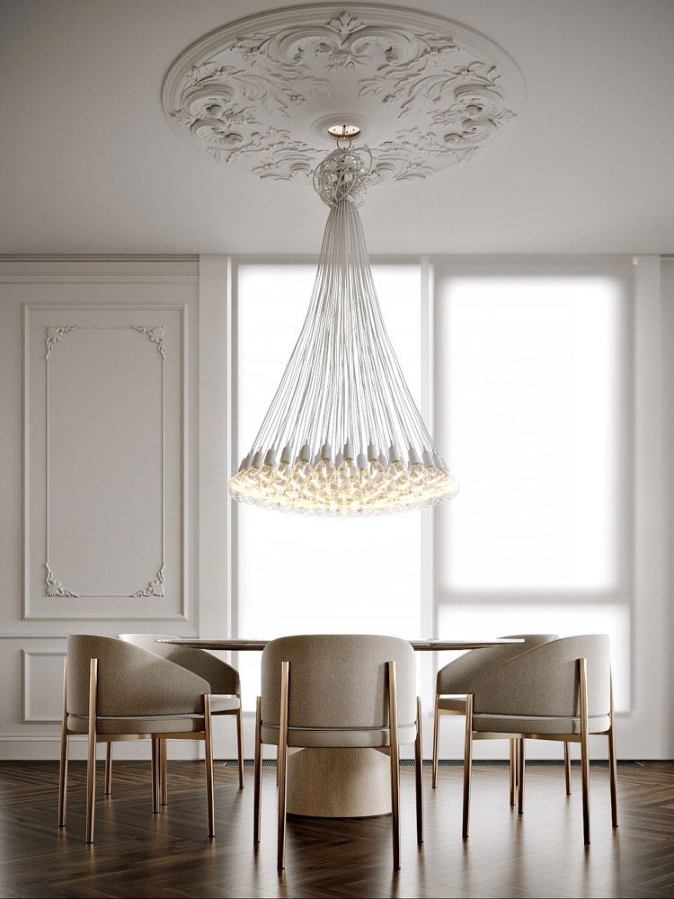 古典風格豪宅室內設計裝潢餐廳天花板吊燈餐椅