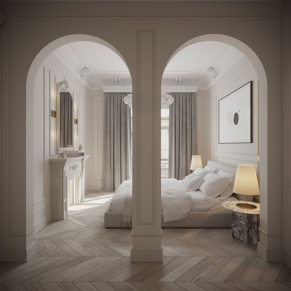 古典風格豪宅室內設計裝潢臥室房間拱門壁爐