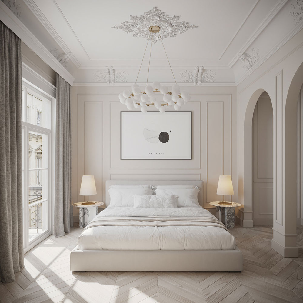 古典風格豪宅室內設計裝潢臥室房間線板床頭牆