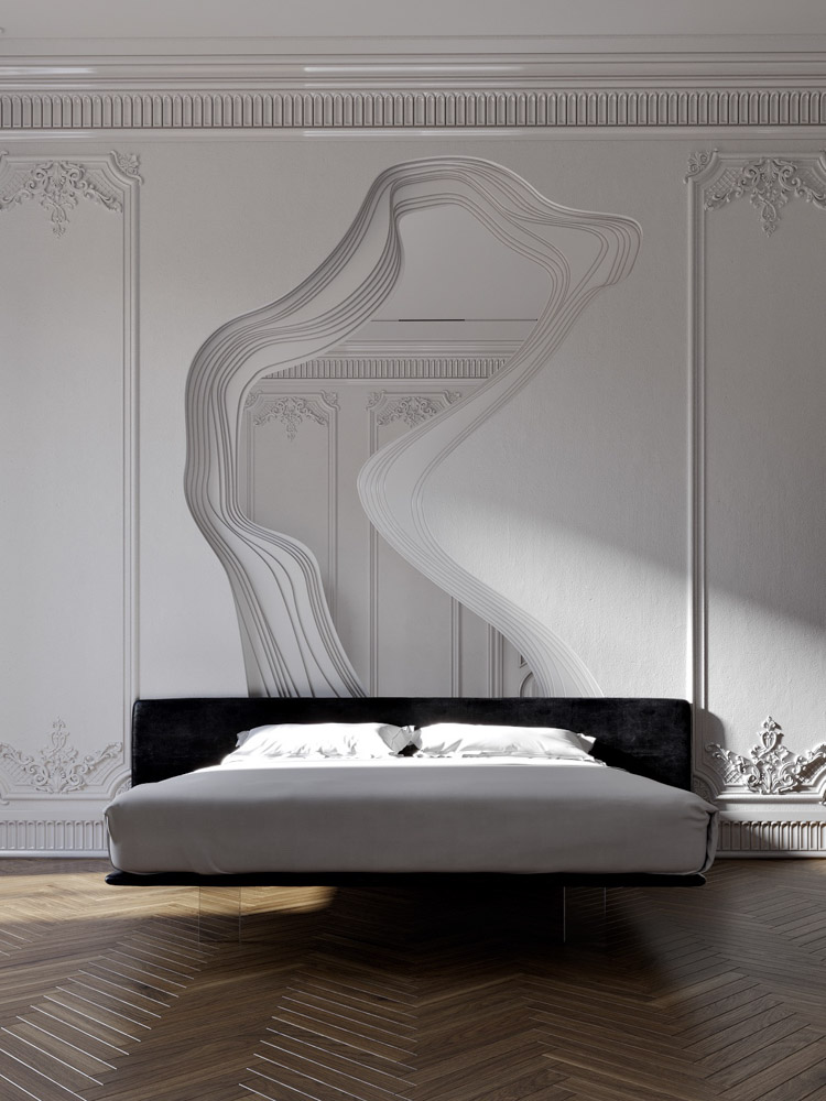古典風格豪宅室內設計裝潢臥室房間床頭牆魚骨拼木地板