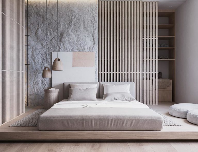 Wabi Sabi日式侘寂風格美學設計裝潢案例臥室房間格柵石頭造型牆