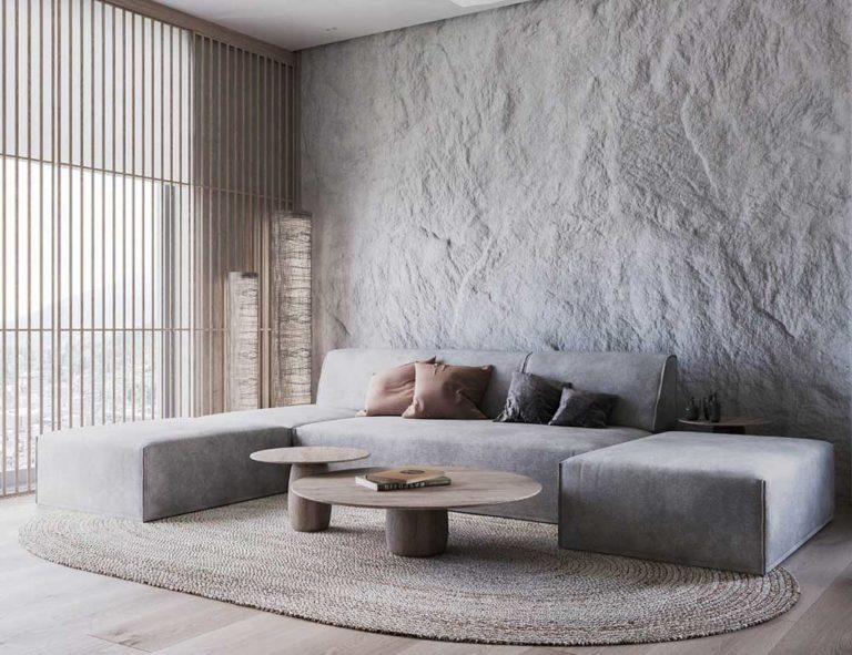 Wabi Sabi日式侘寂風格美學設計裝潢案例客廳沙發落地立燈石頭造型牆