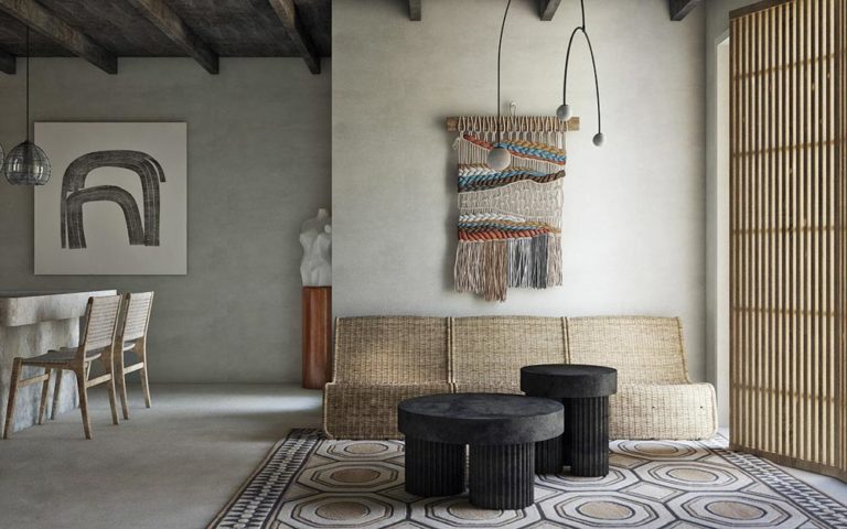 Wabi Sabi日式侘寂風格美學設計裝潢案例客廳藤編椅法式繩結編織沙發背牆