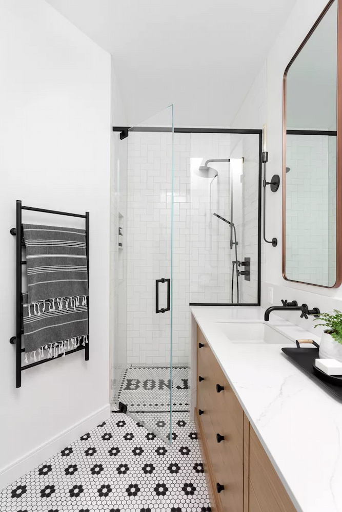 浴室設計裝潢馬賽克磚地板淋浴間玻璃門浴櫃