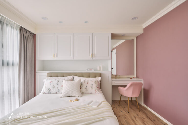 新北林口室內設計裝潢44坪現代混搭風格粉色臥室房間床頭牆