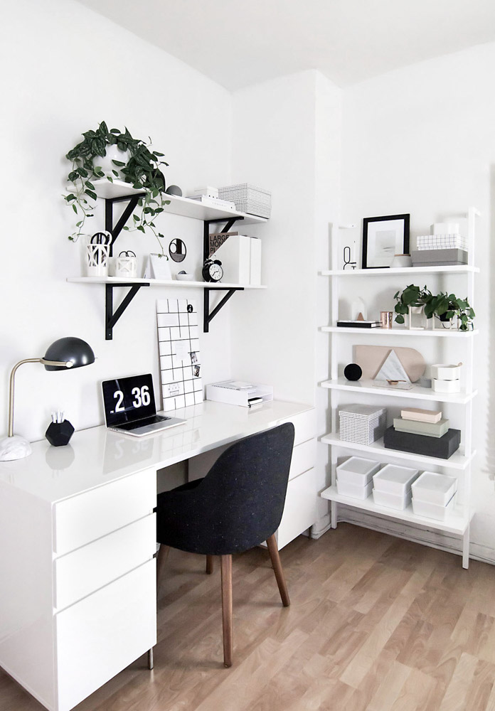 極簡風黑白色書房設計居家辦公室房間臥室裝潢書桌書櫃