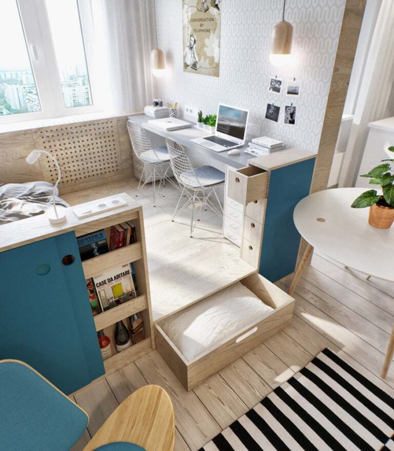 書房設計居家辦公室房間臥室裝潢書桌書櫃架高地板收納