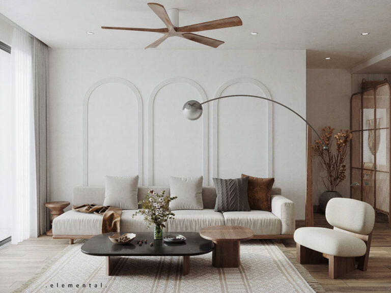Japandi日式北歐風裝潢設計客廳吊扇沙發椅