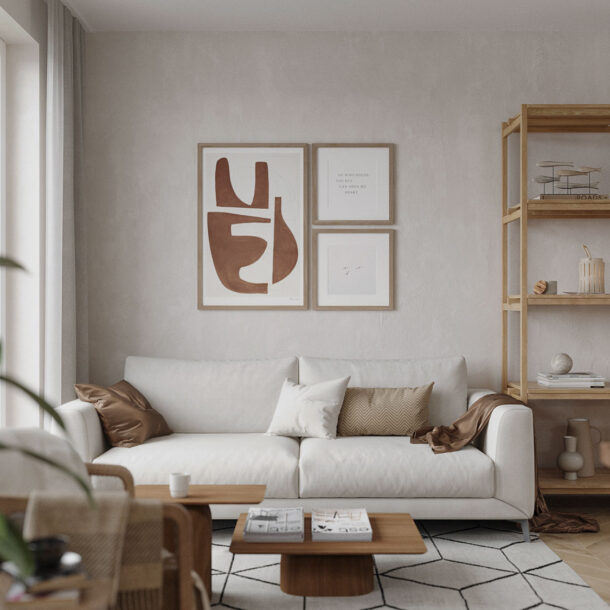 Japandi日式北歐風裝潢設計客廳沙發背牆展示層架
