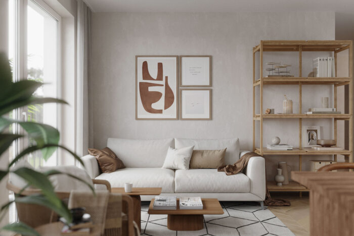 Japandi日式北歐風裝潢設計客廳沙發背牆展示層架