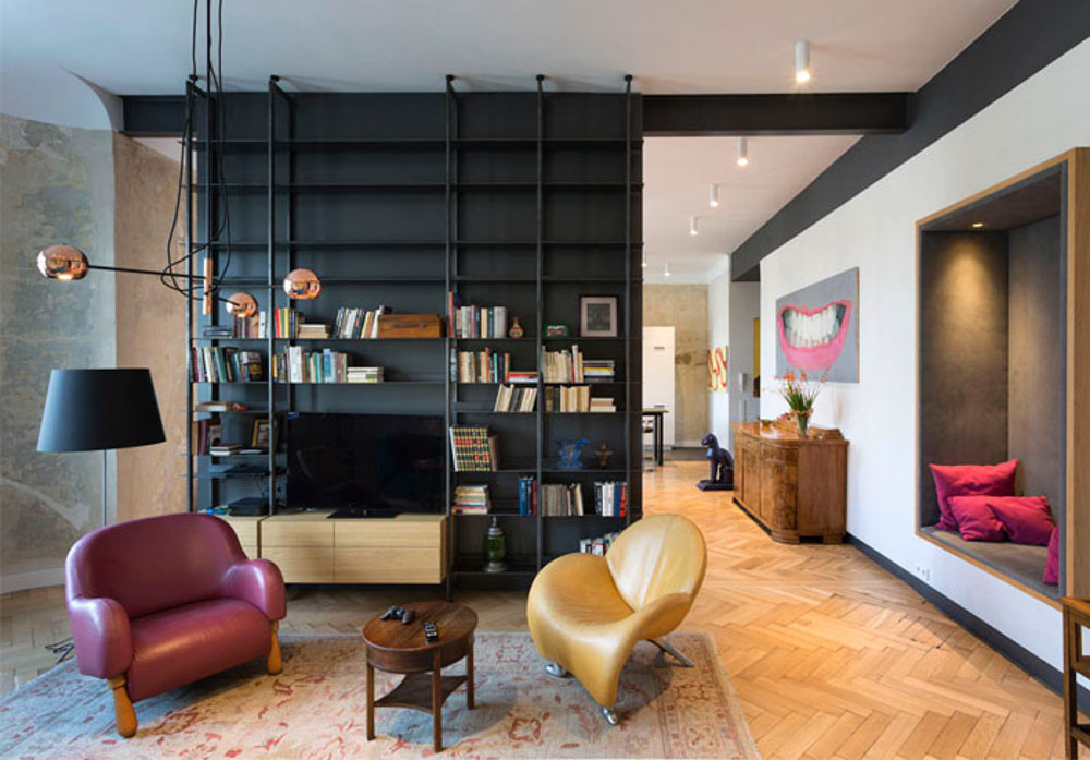 客廳電視牆裝潢設計造型材質顏色鐵件書架