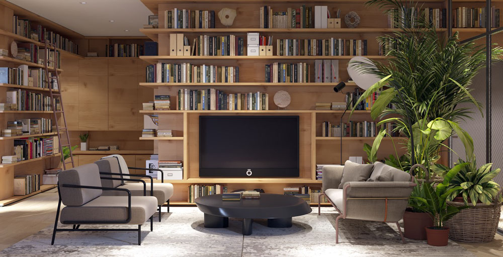 客廳電視牆裝潢設計造型材質顏色書架收納櫃
