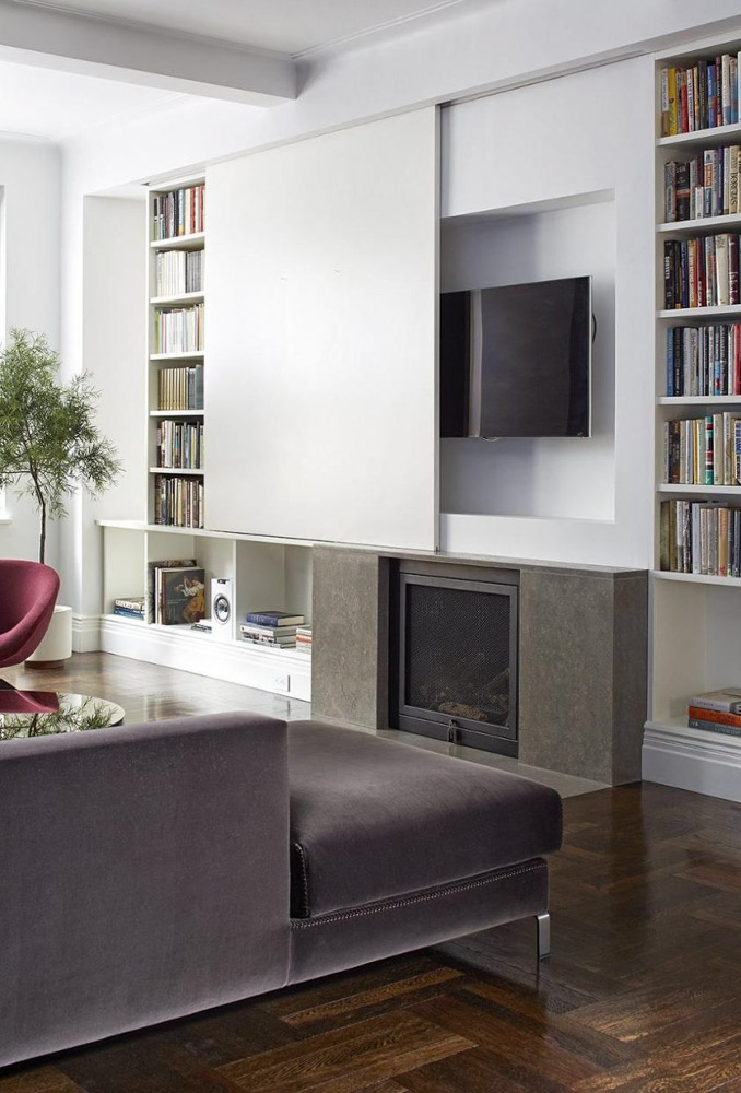 客廳隱藏式電視牆裝潢設計造型材質顏色拉門壁爐