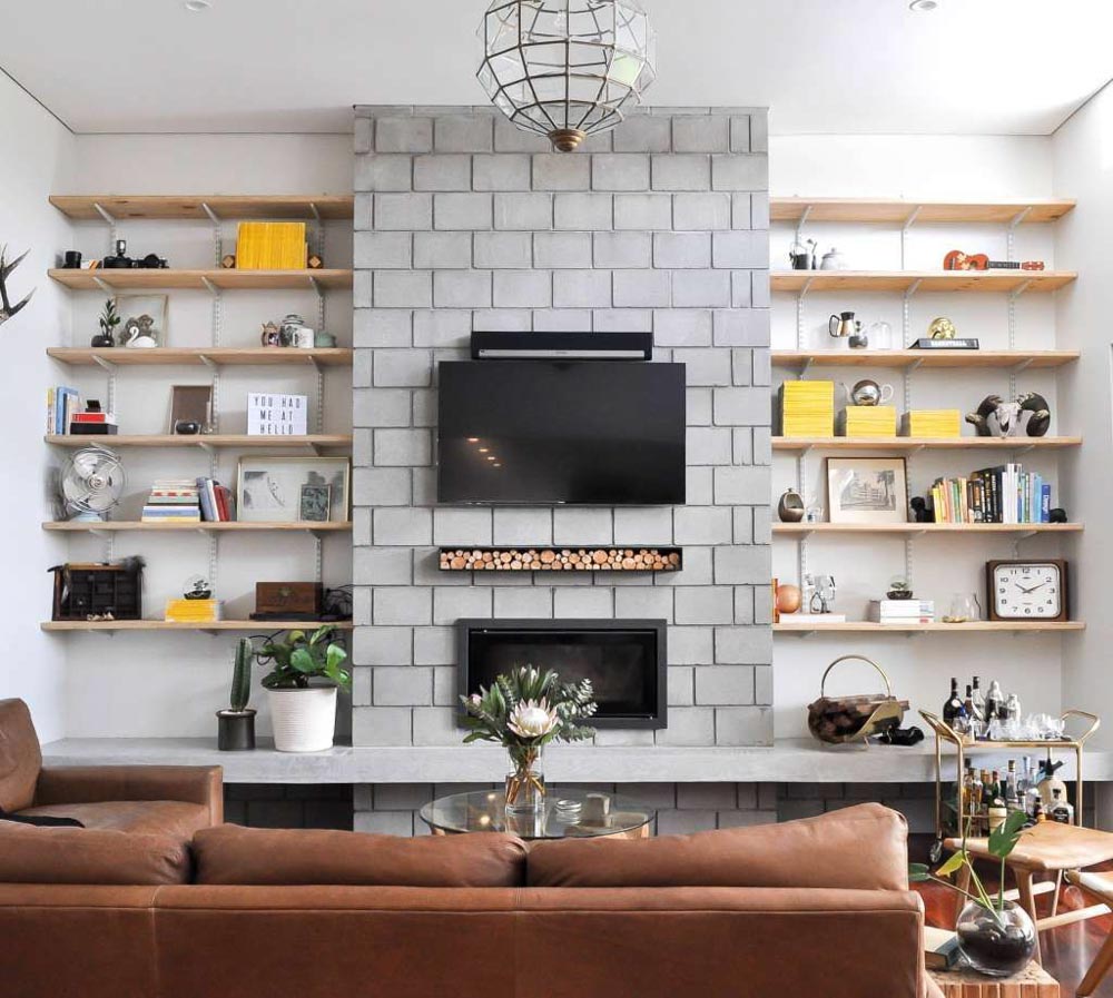客廳電視牆裝潢設計造型材質顏色壁爐層板