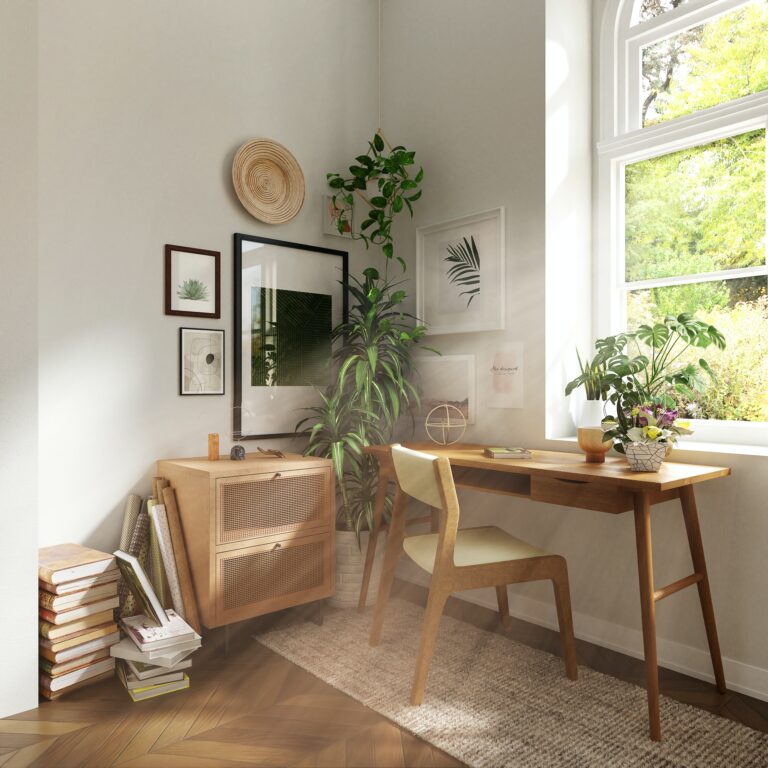 窗前的書桌擺滿綠色植物可以讓眼睛放鬆