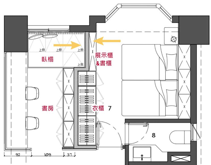 隔間時多偷了主臥的空間，偏窄的書房才能放進「單人加大」尺寸的臥榻