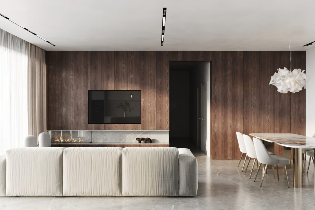 胡桃木色客廳搭配淺灰色沙發讓整個空間更有質感舒適