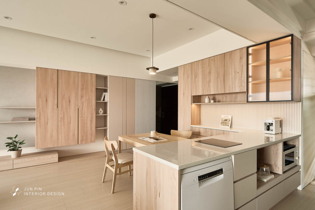 奶茶色室內設計開放式廚房規劃中島與餐櫃