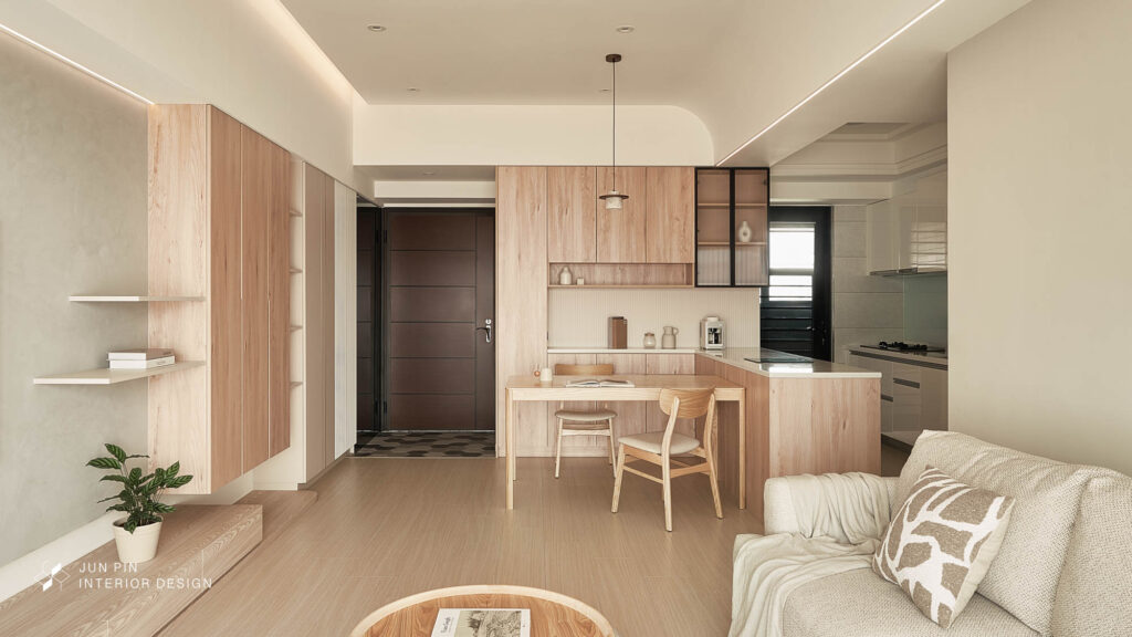 奶茶風室內設計餐廳是設計大的中島檯面，下方放洗碗機，讓整個廚房空間更功能化