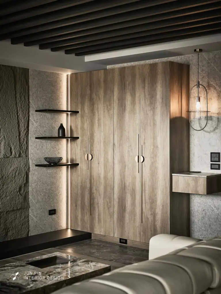 現代工業風玄關以木質櫃體搭配鐵件層板打造