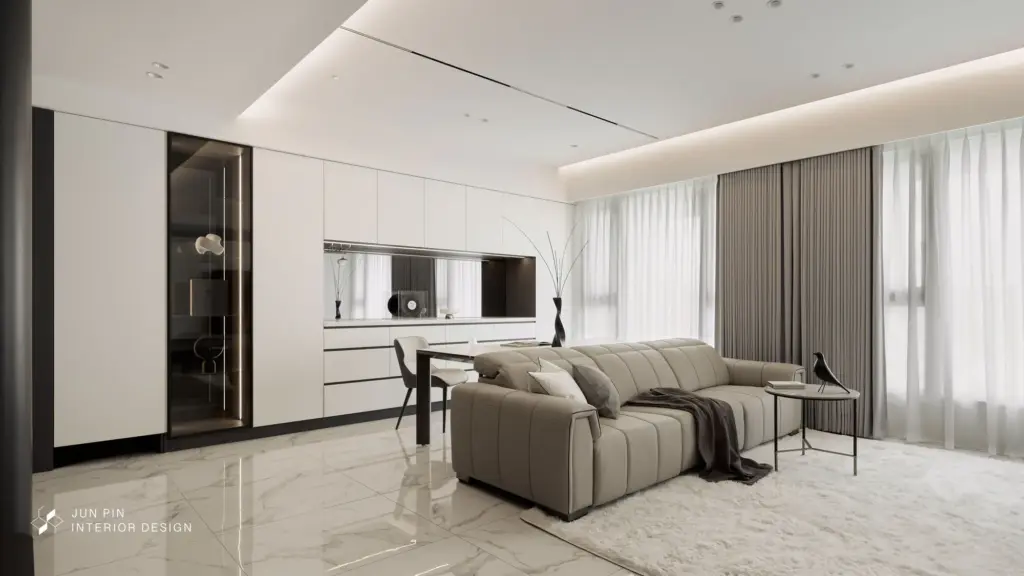 餐廳位於客廳沙發後方，沒有額外的隔間區隔，僅透過沙發作為空間的分界線，使整個公共領域更加寬敞、放大。