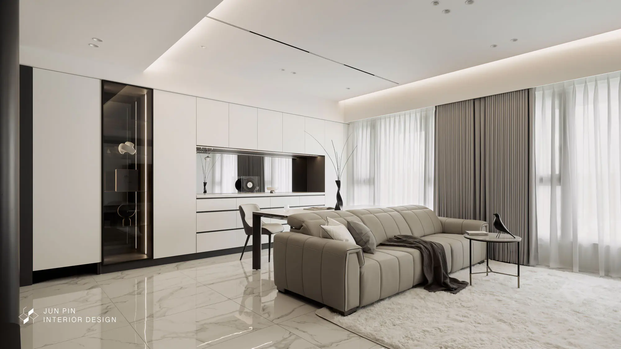 餐廳位於客廳沙發後方，沒有額外的隔間區隔，僅透過沙發作為空間的分界線，使整個公共領域更加寬敞、放大。